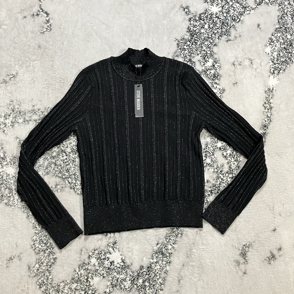 Steve Madden Pamela Sweater Womens Size Medium Black Ribbed Shimmer‎ Knit